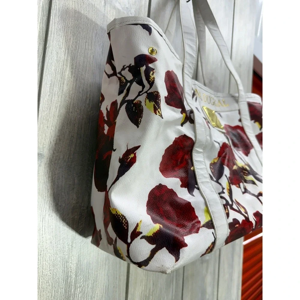 Ieena Duggal White Red Rose Floral Tote Bag Large Gold Hardware Shoulder Bag